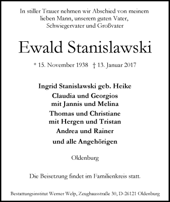 Traueranzeige von Ewald Stanislawski von Nordwest-Zeitung