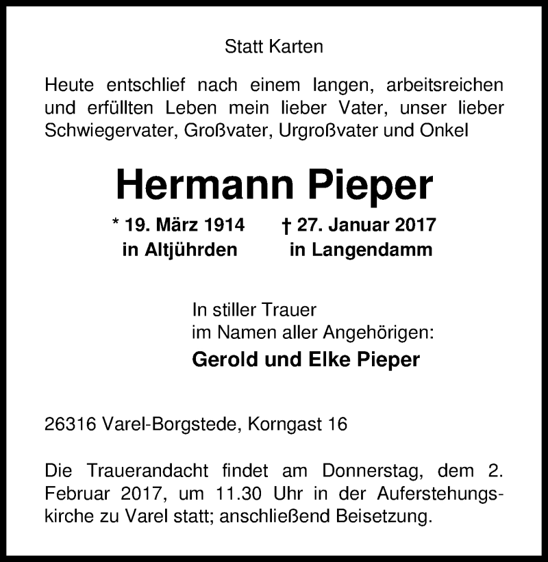  Traueranzeige für Hermann Pieper vom 30.01.2017 aus Nordwest-Zeitung