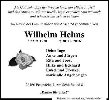Traueranzeige von Wilhelm Helms von Nordwest-Zeitung