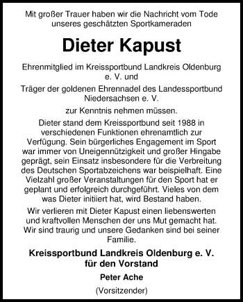 Traueranzeige von Dieter Kapust von Nordwest-Zeitung