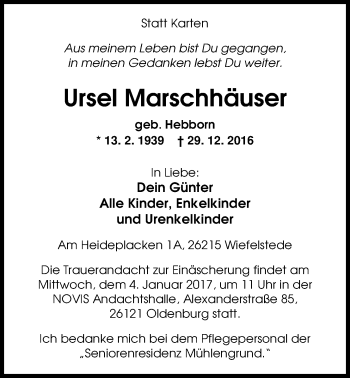 Traueranzeige von Ursel Marschhäuser von Nordwest-Zeitung