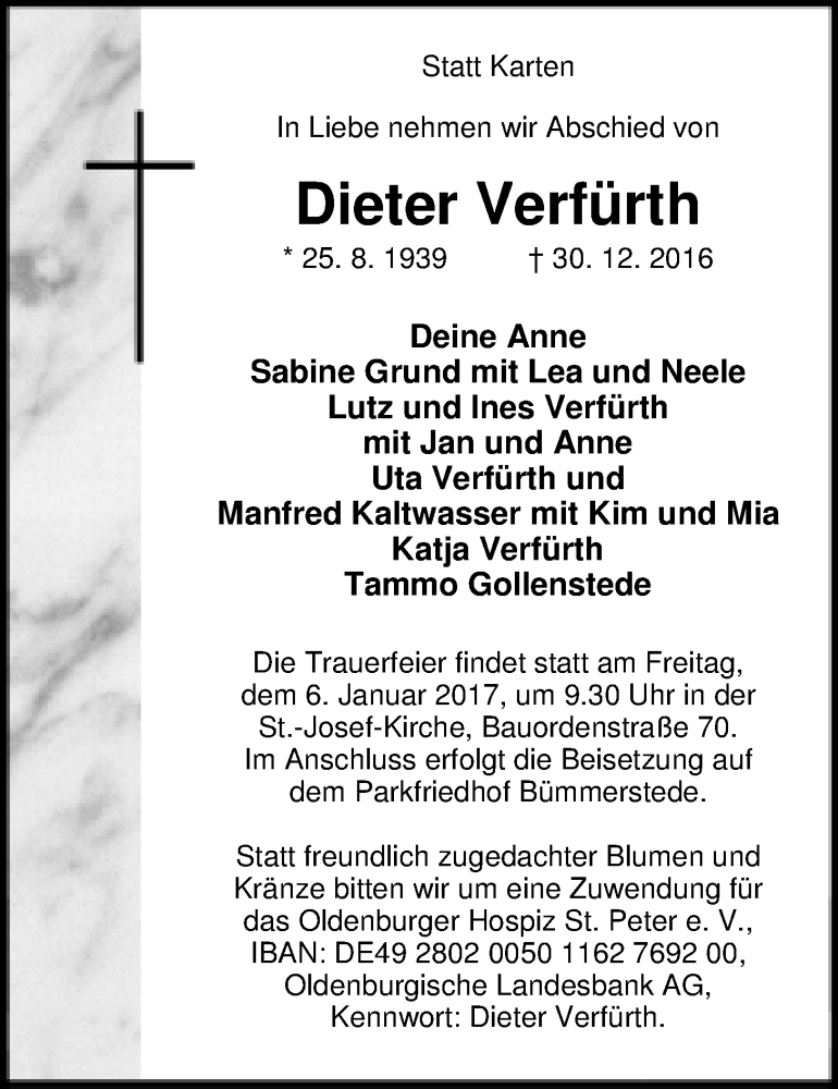  Traueranzeige für Dieter Verfürth vom 03.01.2017 aus Nordwest-Zeitung