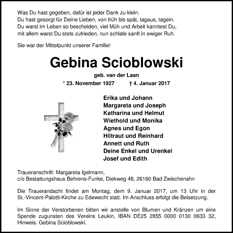  Traueranzeige für Gebina Scioblowski vom 06.01.2017 aus Nordwest-Zeitung