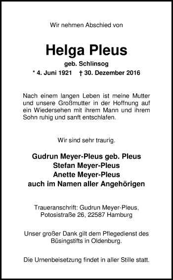 Traueranzeige von Helga Pleus von Nordwest-Zeitung