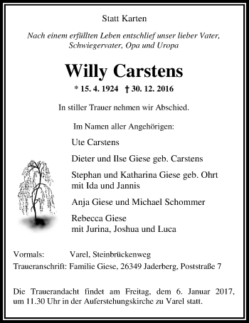 Traueranzeige von Willy Carstens von Nordwest-Zeitung