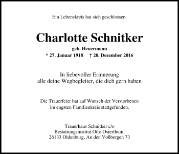 Traueranzeige von Charlotte Schnitker von Nordwest-Zeitung