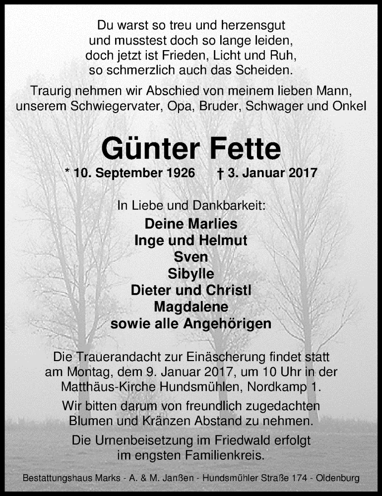  Traueranzeige für Günter Fette vom 05.01.2017 aus Nordwest-Zeitung