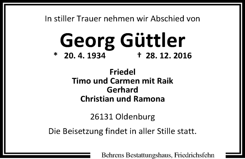  Traueranzeige für Georg Güttler vom 02.01.2017 aus Nordwest-Zeitung