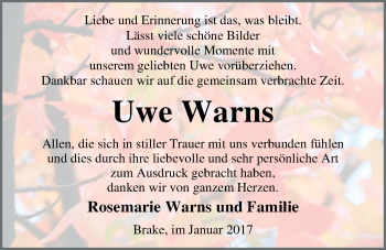 Traueranzeige von Uwe Warns von Nordwest-Zeitung