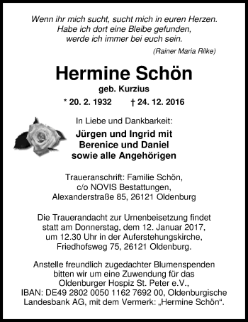Traueranzeige von Hermine Schön von Nordwest-Zeitung