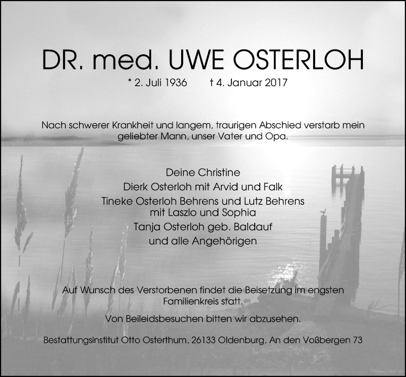  Traueranzeige für Uwe Osterloh vom 14.01.2017 aus Nordwest-Zeitung