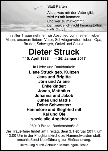 Traueranzeige von Dieter Struck von Nordwest-Zeitung