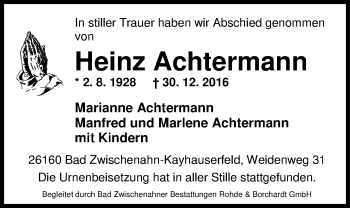 Traueranzeige von Heinz Achtermann von Nordwest-Zeitung