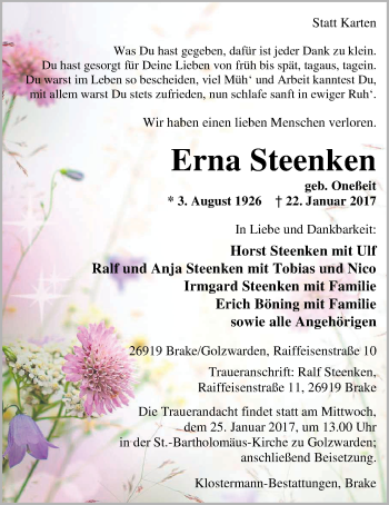 Traueranzeige von Erna Steenken von Nordwest-Zeitung