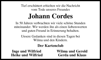 Traueranzeige von Johann Cordes von Nordwest-Zeitung