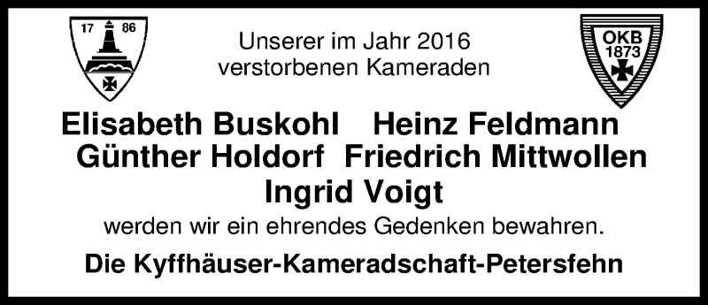  Traueranzeige für Günther Holdorf vom 07.01.2017 aus Nordwest-Zeitung