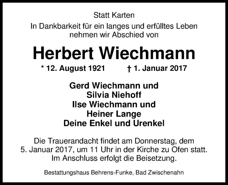  Traueranzeige für Herbert Wiechmann vom 03.01.2017 aus Nordwest-Zeitung