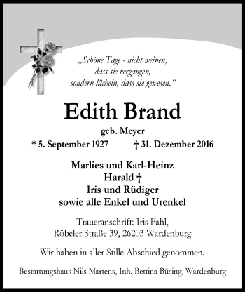 Traueranzeige von Edith Brand von Nordwest-Zeitung
