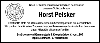 Traueranzeige von Horst Peisker von Nordwest-Zeitung