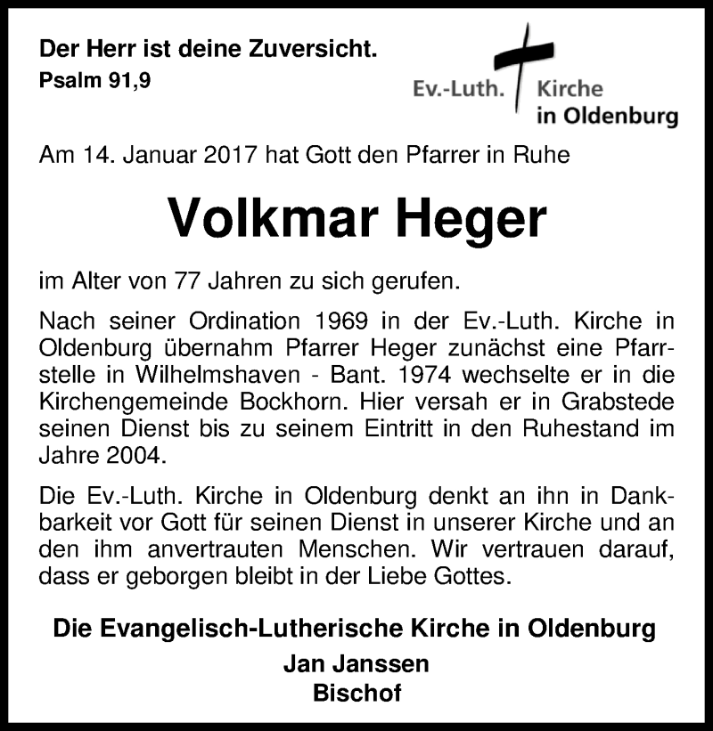  Traueranzeige für Volkmar Heger vom 21.01.2017 aus Nordwest-Zeitung