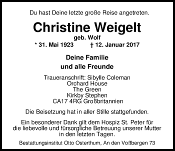 Traueranzeige von Christine Weigelt von Nordwest-Zeitung