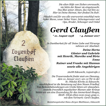 Traueranzeige von Gerd Claußen von Nordwest-Zeitung