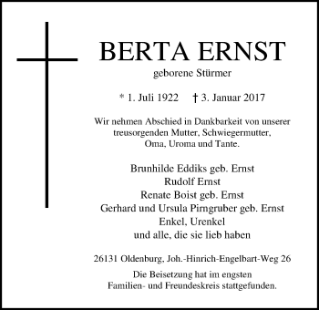 Traueranzeige von Berta Ernst von Nordwest-Zeitung