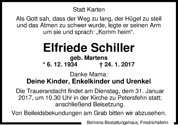 Traueranzeige von Elfriede Schiller von Nordwest-Zeitung