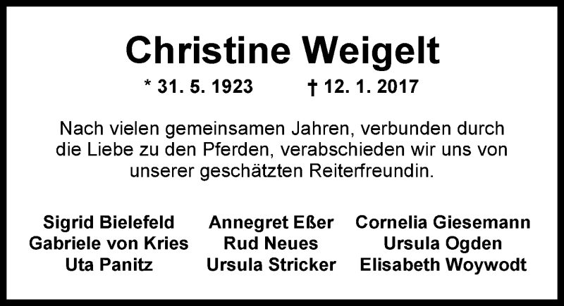 Traueranzeige für Christine Weigelt vom 18.01.2017 aus Nordwest-Zeitung