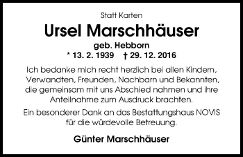 Traueranzeige von Ursel Marschhäuser von Nordwest-Zeitung