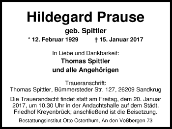 Traueranzeige von Hildegard Prause von Nordwest-Zeitung