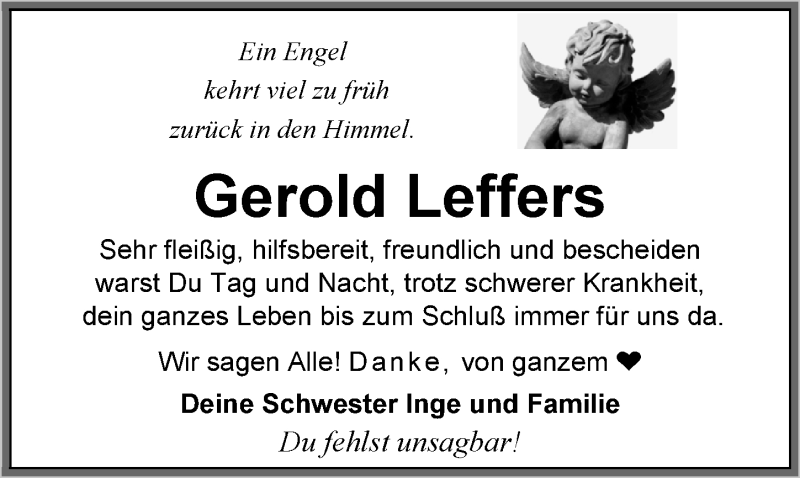  Traueranzeige für Gerold Leffers vom 21.01.2017 aus Nordwest-Zeitung