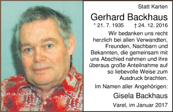 Traueranzeige von Gerd Backhaus von Nordwest-Zeitung