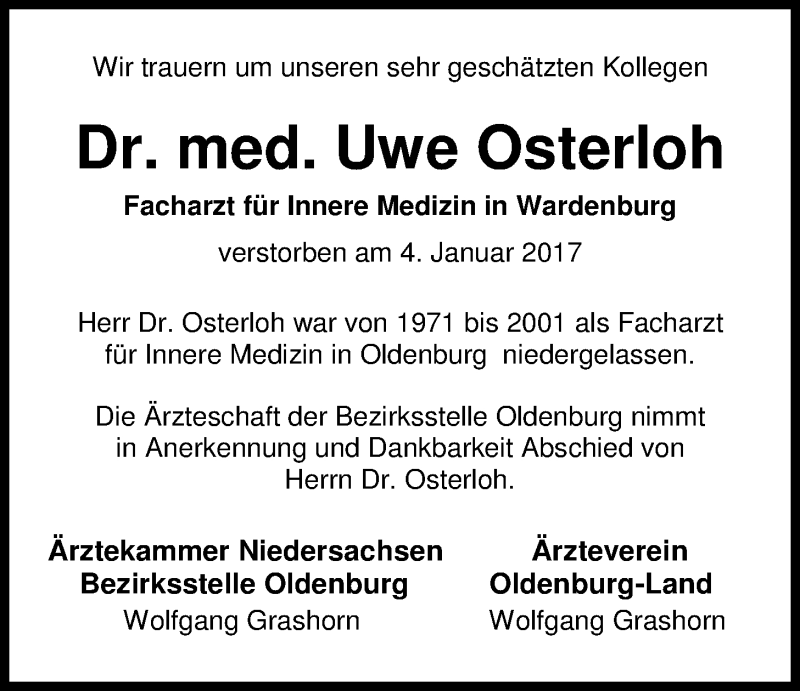  Traueranzeige für Uwe Osterloh vom 18.01.2017 aus Nordwest-Zeitung