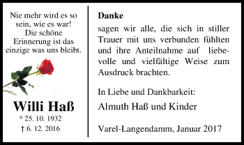Traueranzeige von Willi Haß von Nordwest-Zeitung
