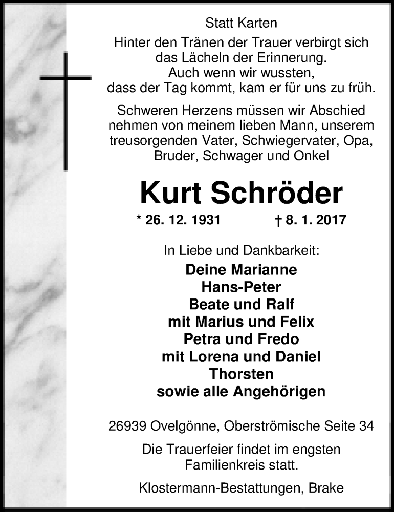  Traueranzeige für Kurt Schröder vom 10.01.2017 aus Nordwest-Zeitung