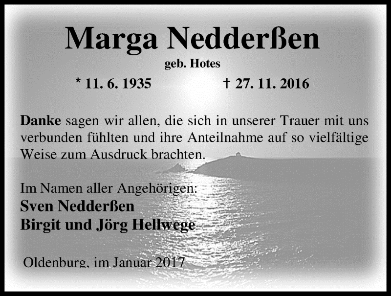  Traueranzeige für Marga Nedderßen vom 14.01.2017 aus Nordwest-Zeitung