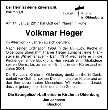 Traueranzeige von Volkmar Heger von Nordwest-Zeitung
