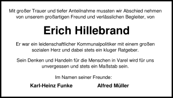 Traueranzeige von Erich Hillebrand von Nordwest-Zeitung