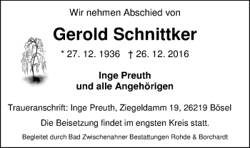 Traueranzeige von Gerold Schnittker von Nordwest-Zeitung