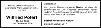 Traueranzeige von Wilfried Poferl von Nordwest-Zeitung