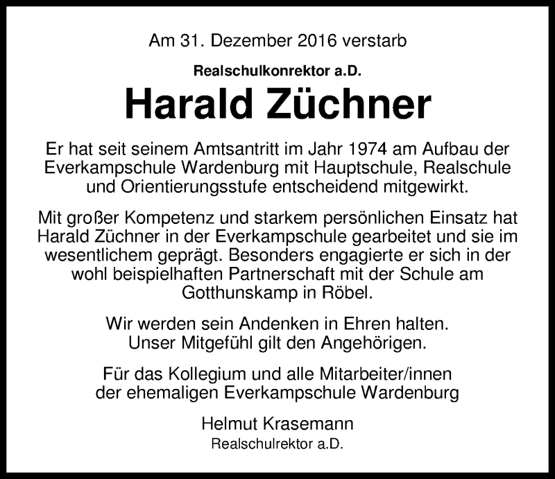  Traueranzeige für Harald Züchner vom 05.01.2017 aus Nordwest-Zeitung