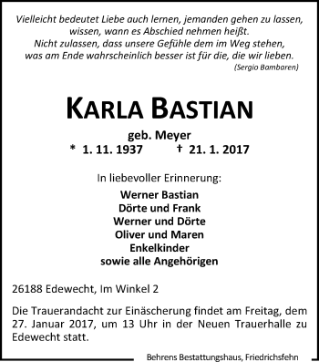 Traueranzeige von Karla Bastian von Nordwest-Zeitung