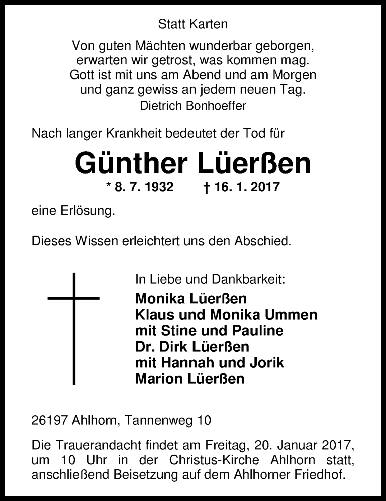  Traueranzeige für Günther Lüerßen vom 18.01.2017 aus Nordwest-Zeitung