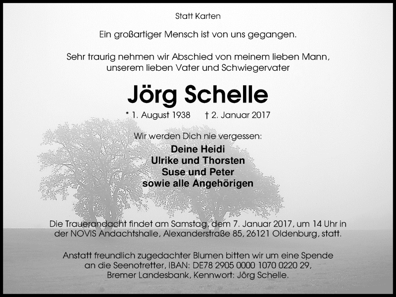  Traueranzeige für Jörg Schelle vom 04.01.2017 aus Nordwest-Zeitung