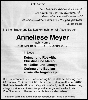 Traueranzeige von Anneliese Meyer von Nordwest-Zeitung