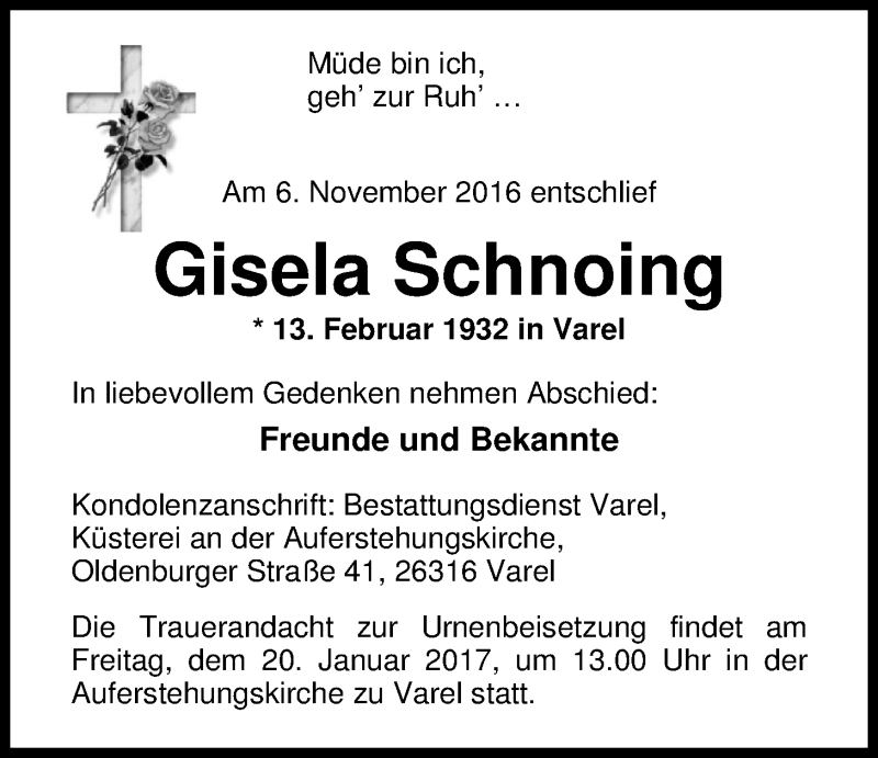 Traueranzeige für Gisela Schnoing vom 18.01.2017 aus Nordwest-Zeitung
