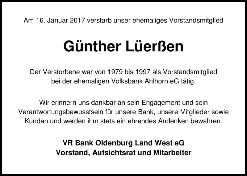  Traueranzeige für Günther Lüerßen vom 18.01.2017 aus Nordwest-Zeitung
