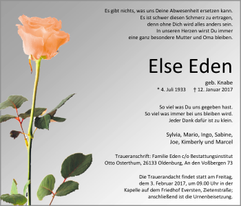 Traueranzeige von Else Eden von Nordwest-Zeitung