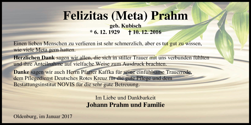  Traueranzeige für Felizitas Prahm vom 14.01.2017 aus Nordwest-Zeitung